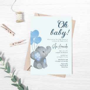 Blue Cute Baby Elephant Baby Shower Invitation