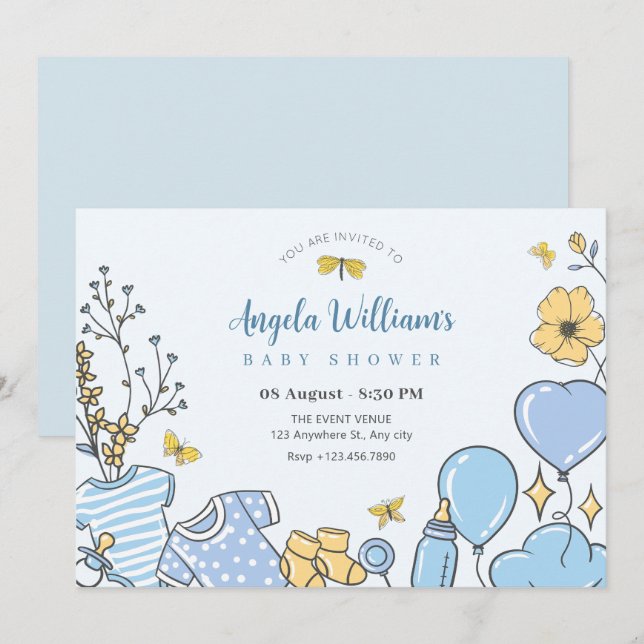 Blue cute baby shower invitation (Front/Back)