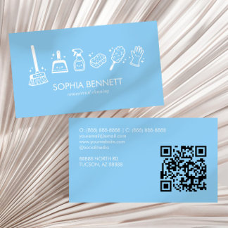 Blue Cute Cleaning Tools Custom QR Code Business Card