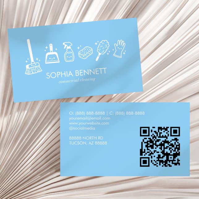 Blue Cute Cleaning Tools Custom QR Code Business Card (Creator Uploaded)