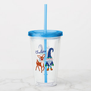 Blue Cute Deer Personalised Gnome Christmas Acrylic Tumbler