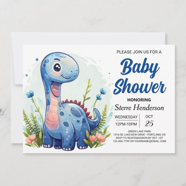 Blue Cute Digital Dinosaur Boy Baby Shower Invitation (Front)