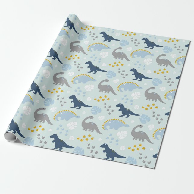 Blue Cute Dinosaur Baby Shower Pattern  Wrapping Paper (Unrolled)