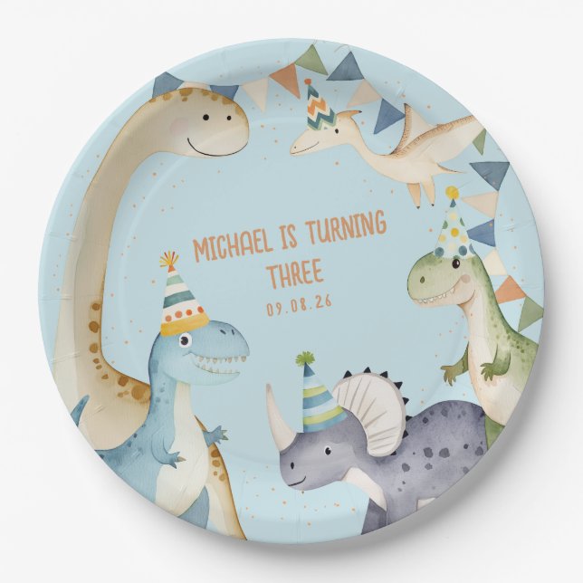 Blue cute dinosaur dinomite birthday party paper plate (Front)