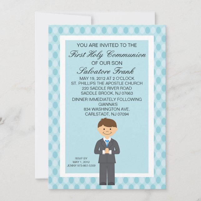 Blue Cute First  Communion Boy Invitation (Front)