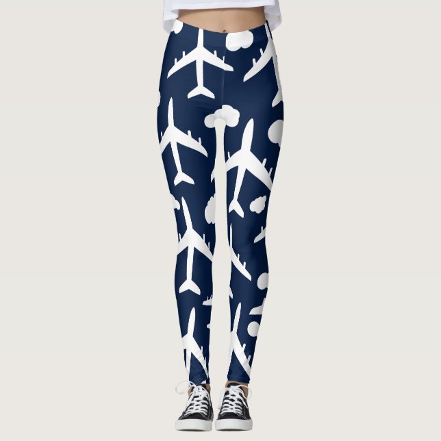 Blue cute flying aeroplanes aircraft pattern desig leggings (Front)