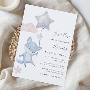 Blue Cute Fox Flying Balloon Boy Baby Shower  Invitation