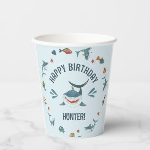 Blue Cute Funny Shark Birthday Party Paper Cups
