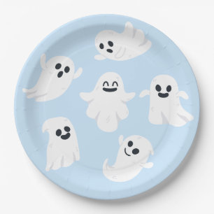 Blue Cute Ghost Halloween Fall Baby Shower Paper Plate