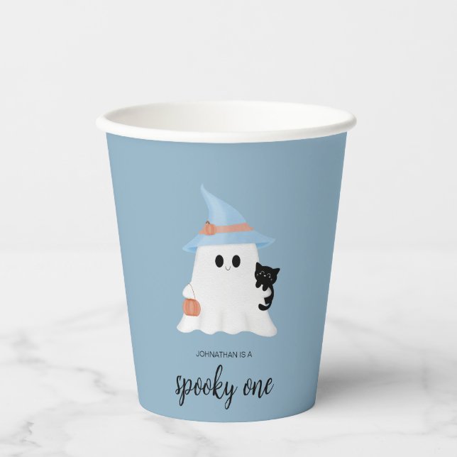 Blue Cute Ghost Halloween First Birthday Boy Paper Cups (Front)