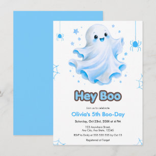 Blue Cute Ghost Hey Boo Halloween 5th Birthday  Invitation