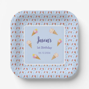 Blue Cute Ice Cream Cone Kids Boy Birthday Paper Plate