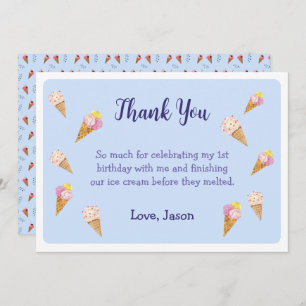 Blue Cute Ice Cream Cone Party Boy Birthday Thank You Card