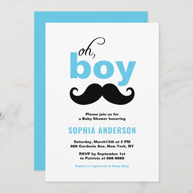 Blue Cute It's a Boy Moustache Baby Shower Invitation (Front/Back)