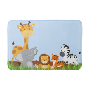 Blue Cute Jungle Baby Animals Bath Mat