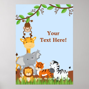 Blue Cute Jungle Baby Animals Poster