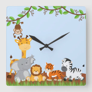 Blue Cute Jungle Baby Animals Wall Clocks