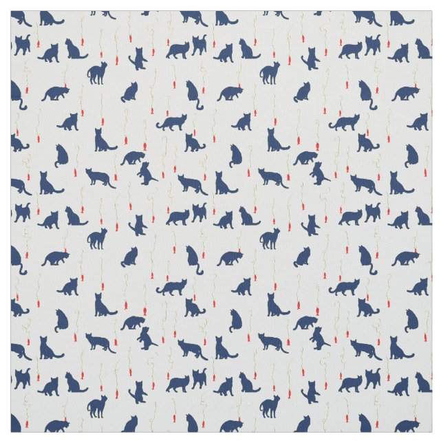 Blue cute kittens and red fishes fabric (Swatch)