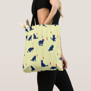 Blue cute kittens and red fishes tote bag