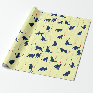 Blue cute kittens and red fishes wrapping paper