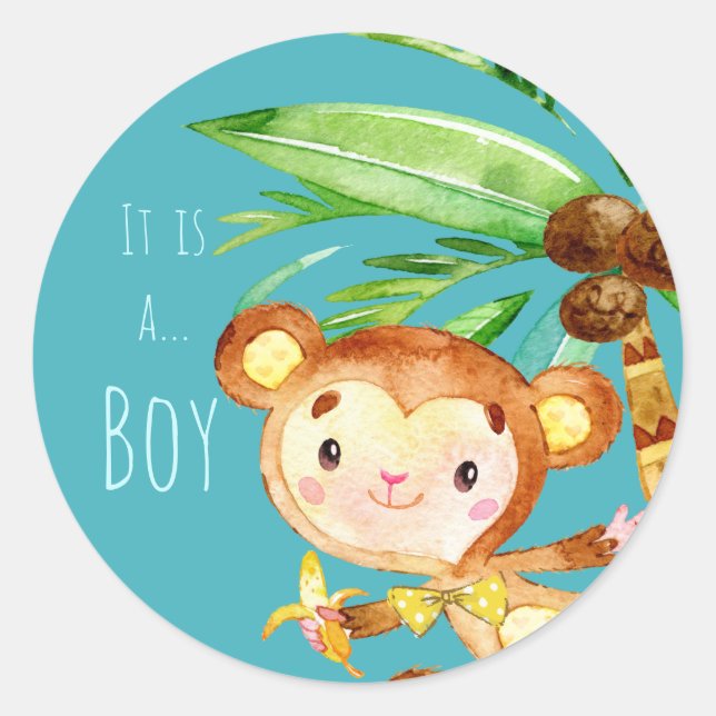 Blue Cute Monkey Baby Boy Announcement Classic Round Sticker (Front)