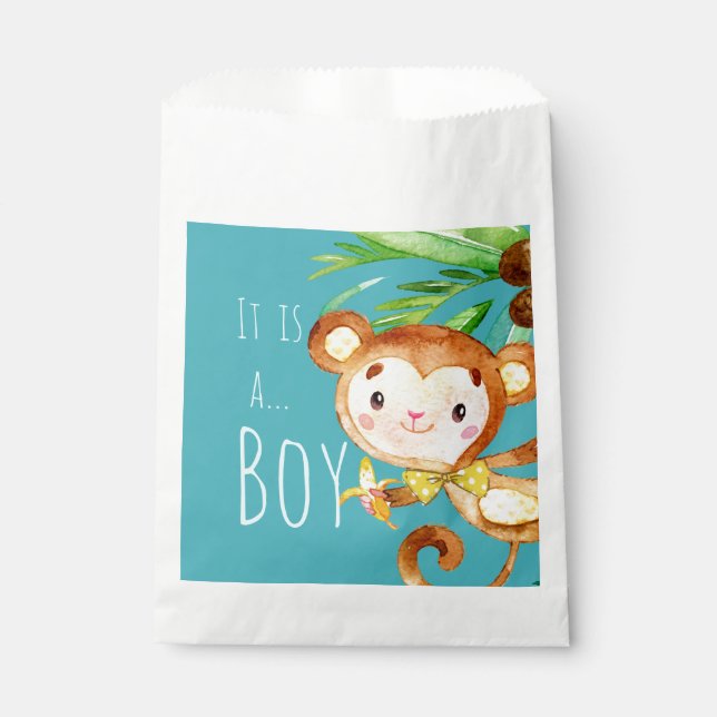 Blue Cute Monkey Baby Boy Announcement Favour Bag (Front)