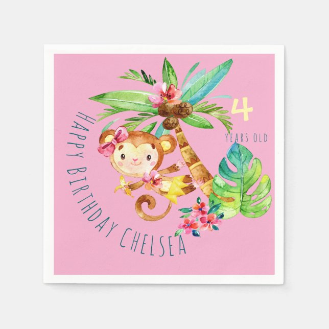 Blue Cute Monkey Personalised Happy Birthday Napkin (Front)