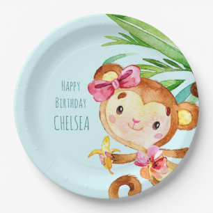Blue Cute Monkey Personalised Happy Birthday Paper Plate