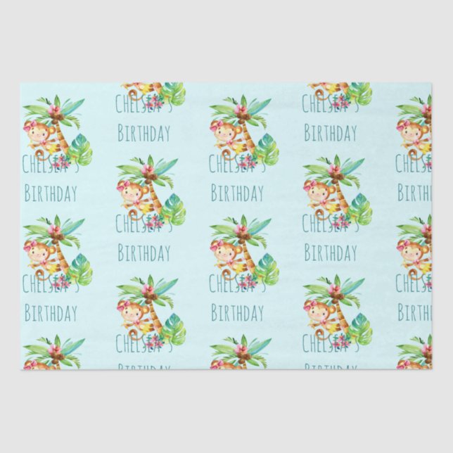 Blue Cute Monkey Personalised Happy Birthday Tissue Paper (Front)