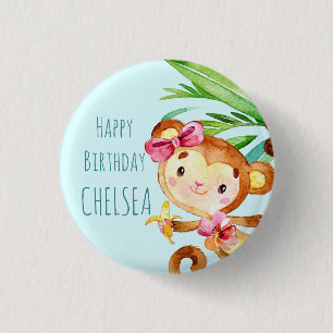 Blue Cute Monkey Personalized Happy Birthday 3 Cm Round Badge