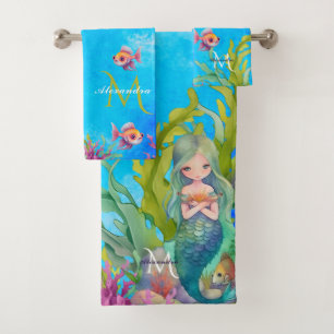 Blue Cute Monogram Name Mermaid Bath Towel Set