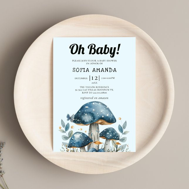 Blue Cute Mushroom Baby Shower Invitation (Creator Uploaded)