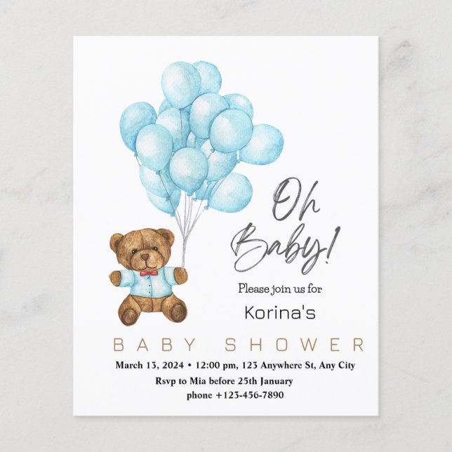 Blue cute Oh baby shower invitation with Teddy bea (Front)