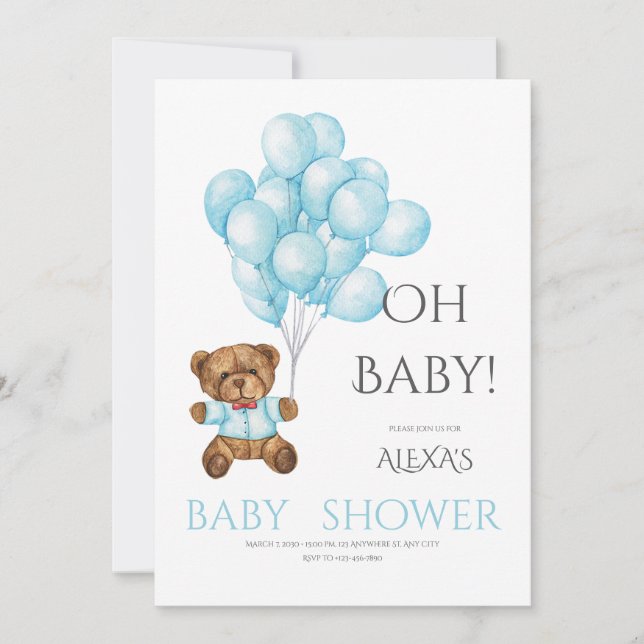 Blue cute Oh baby shower with Teddy bear balloon Invitation (Front)