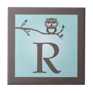 Blue Cute Owl Monogram Trivet Tile