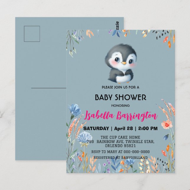 Blue Cute penguin sweet flower baby shower kids Postcard (Front/Back)