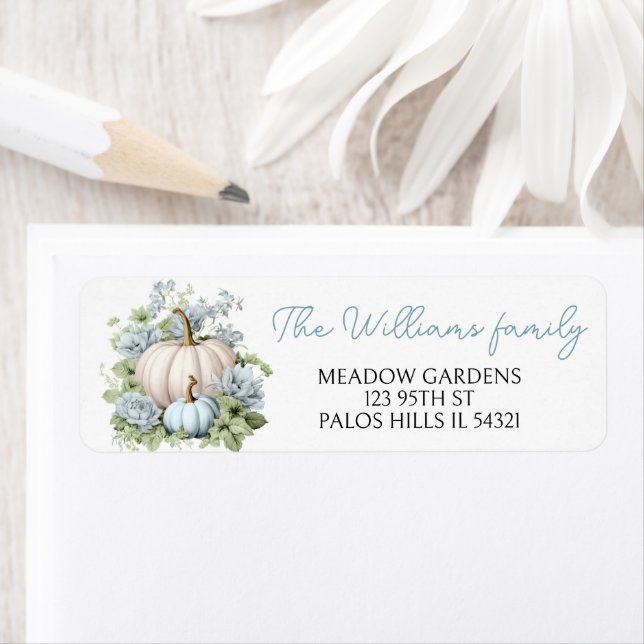 Blue cute pumpkin baby boy shower return address label (Insitu)