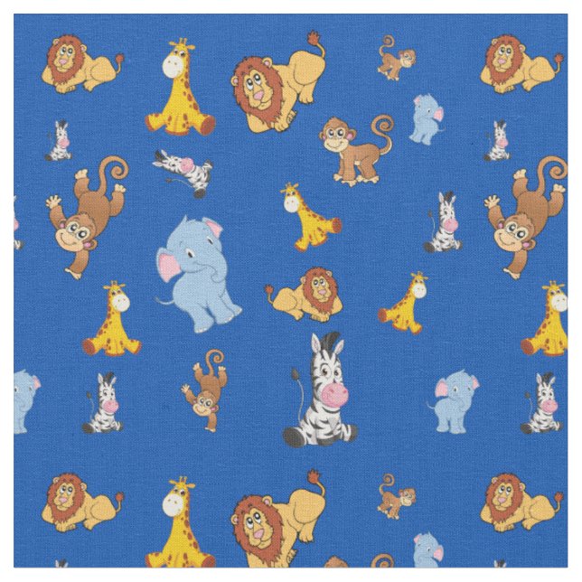 blue Cute safari animal pattern - Giraffe, elephan Fabric (Close Up)