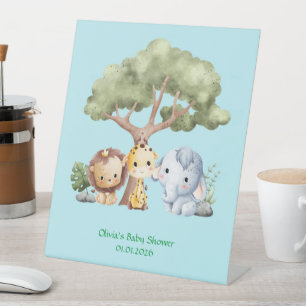 blue cute safari animals baby shower pedestal sign