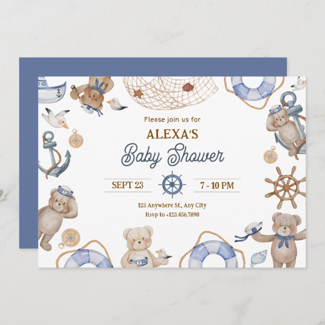 Blue Cute sailor baby shower Invitation (Front/Back)