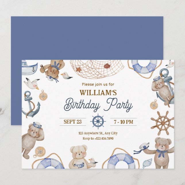 Blue Cute sailor birthday Invitation (Front/Back)