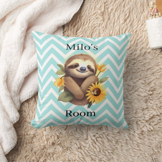 Blue Cute Sloth With Sunflowers Personalised  Cushion (Blanket)