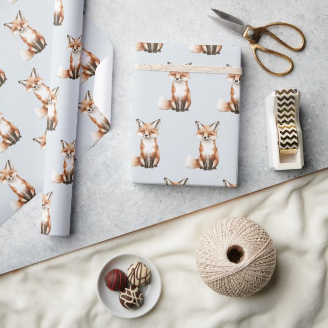 Blue Cute Smiling Foxes Birthday Wrapping Paper (Crafts)