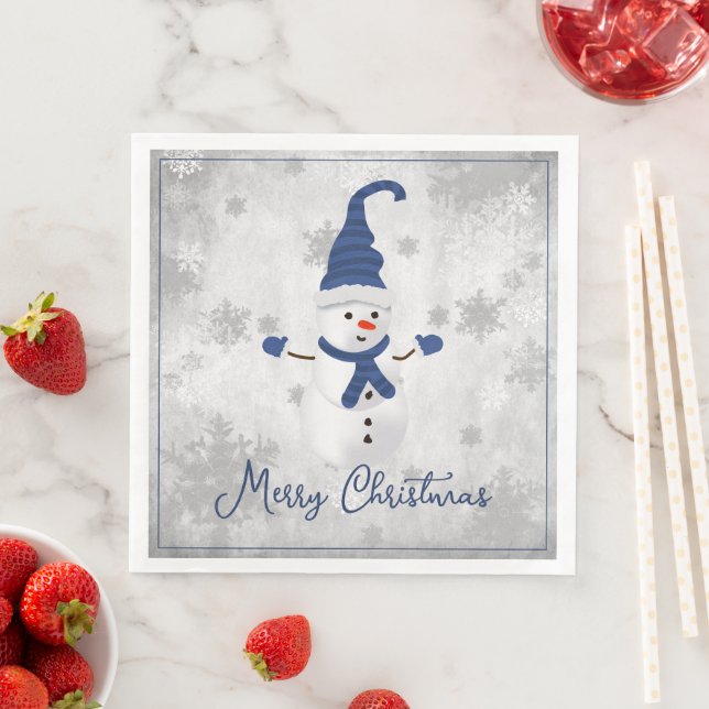 Blue Cute Snowman Holiday Paper Napkin (Insitu)