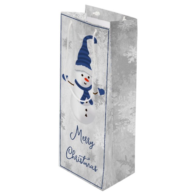 Blue Cute Snowman Holiday Wine Gift Bag (Front Angled)