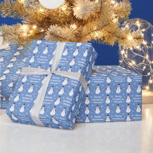 Blue Cute Snowman Snowflake Merry Christmas Name Wrapping Paper