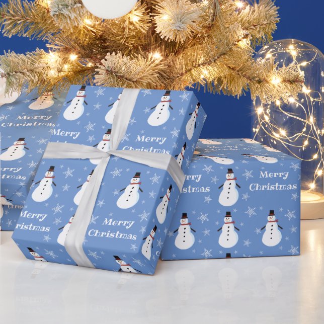 Blue Cute Snowman Snowflake Merry Christmas Wrapping Paper (Holidays)