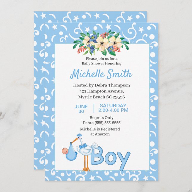 Blue Cute Stork Boy Floral Baby Shower     Invitation (Front/Back)