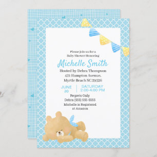 Blue Cute Teddy Bear Boy Baby Shower Invitation