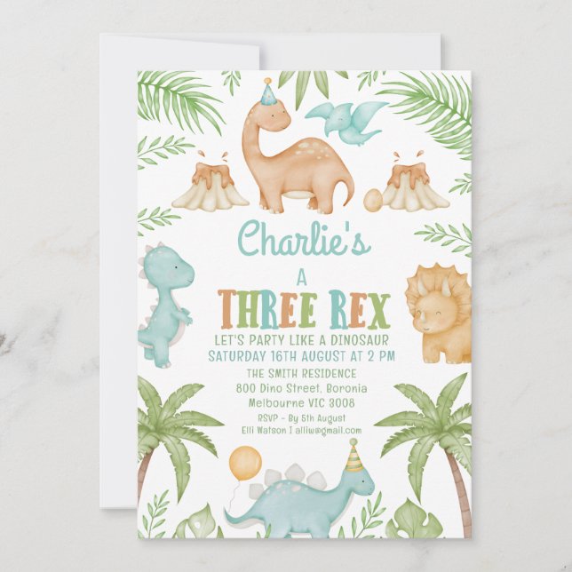 Blue Cute Three Rex Dinosaur 3rd Birthday Invitation (Front)